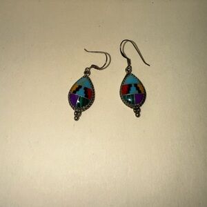 Vintage Southwest Sterling Silver 925 Multicolor Teardrop Inlay Dangle Earrings.
